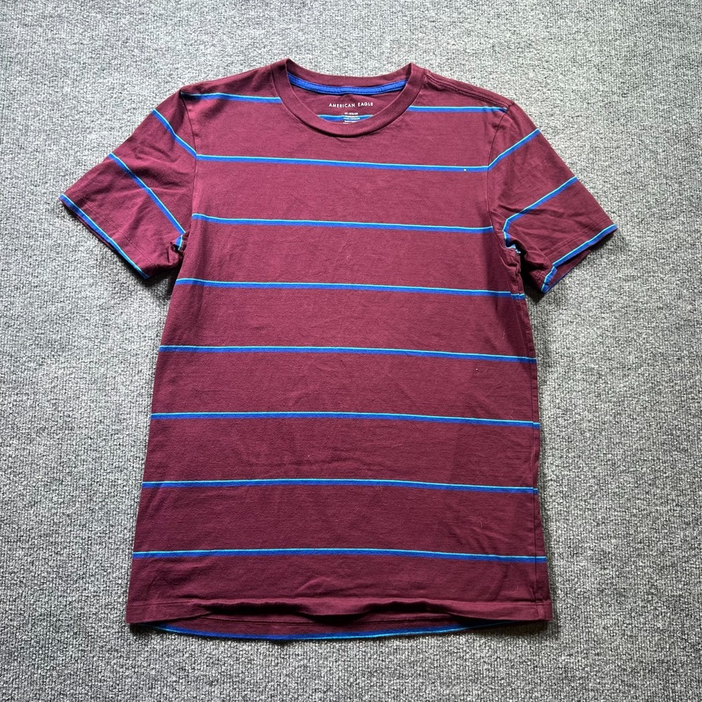 American Eagle T-Shirt Mens MT Burgundy Blue Striped Standard Fit Short Sleeve
